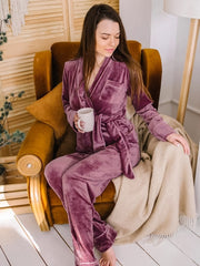 Velvet Warm Pajamas For Women Bathrobe Female Set Solid Pocket Long Sleeves Nightgowns Women Clothing Sleepwear Casual Robe Sets - mybliss-body