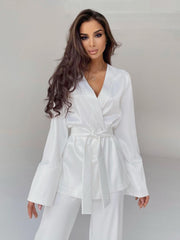 Solid Color Pajamas For Women Robe Sets Full Sleeves Women&#39;s Home Clothes Trouser Suits Satin Nightgowns Spring 2022 Loungewear - mybliss-body