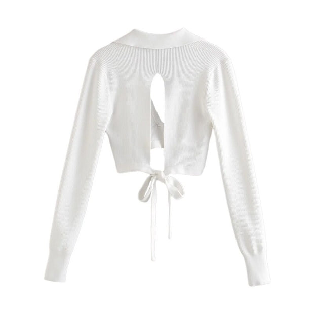 Cropped Collared Long Sleeve Top
