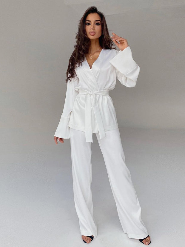 Solid Color Pajamas For Women Robe Sets Full Sleeves Women&#39;s Home Clothes Trouser Suits Satin Nightgowns Spring 2022 Loungewear - mybliss-body