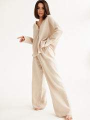 Linad Khaki Pure Cotton Sleepwear V Neck Single Breasted Wide Leg Pants Trouser Suits Drop Sleeves Set Woman 2 Pieces Loungewear - mybliss-body