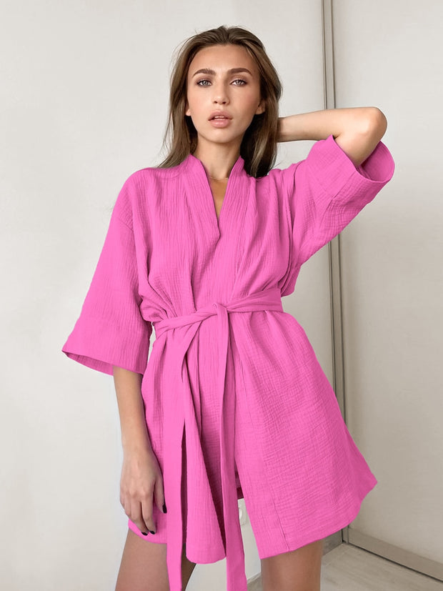 Crape Cotton Robe Women&#39;s Nightwear Mini Bathrobes Lace Up Sleepwear Muslin Women&#39;S Home Clothes Solid Color Robes Women Nightie - mybliss-body